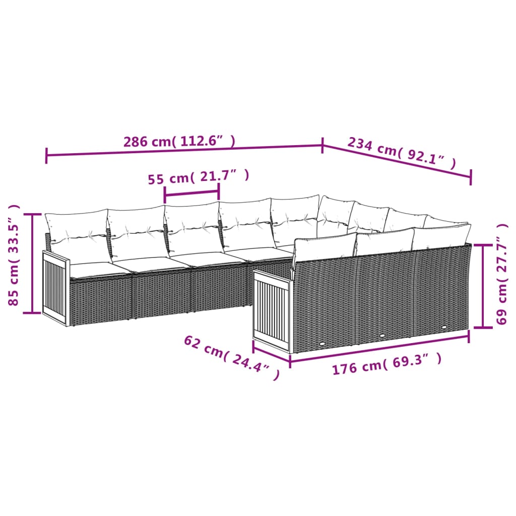 10-tlg. Garten-Sofagarnitur mit Kissen Grau Poly Rattan