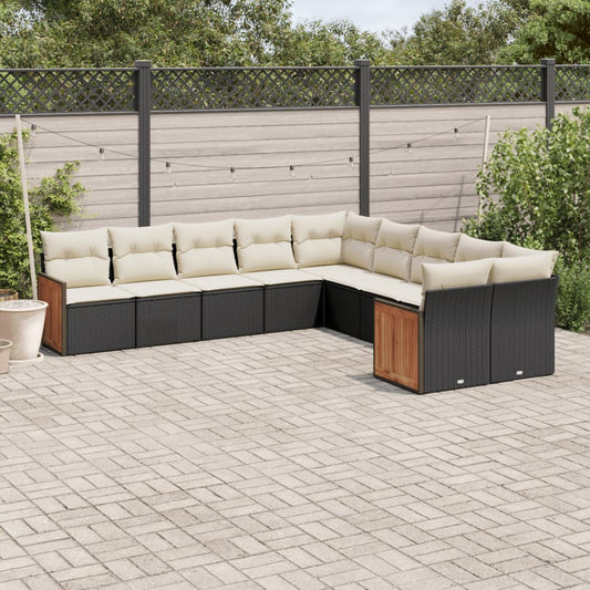 10-tlg. Garten-Sofagarnitur mit Kissen Schwarz Poly Rattan