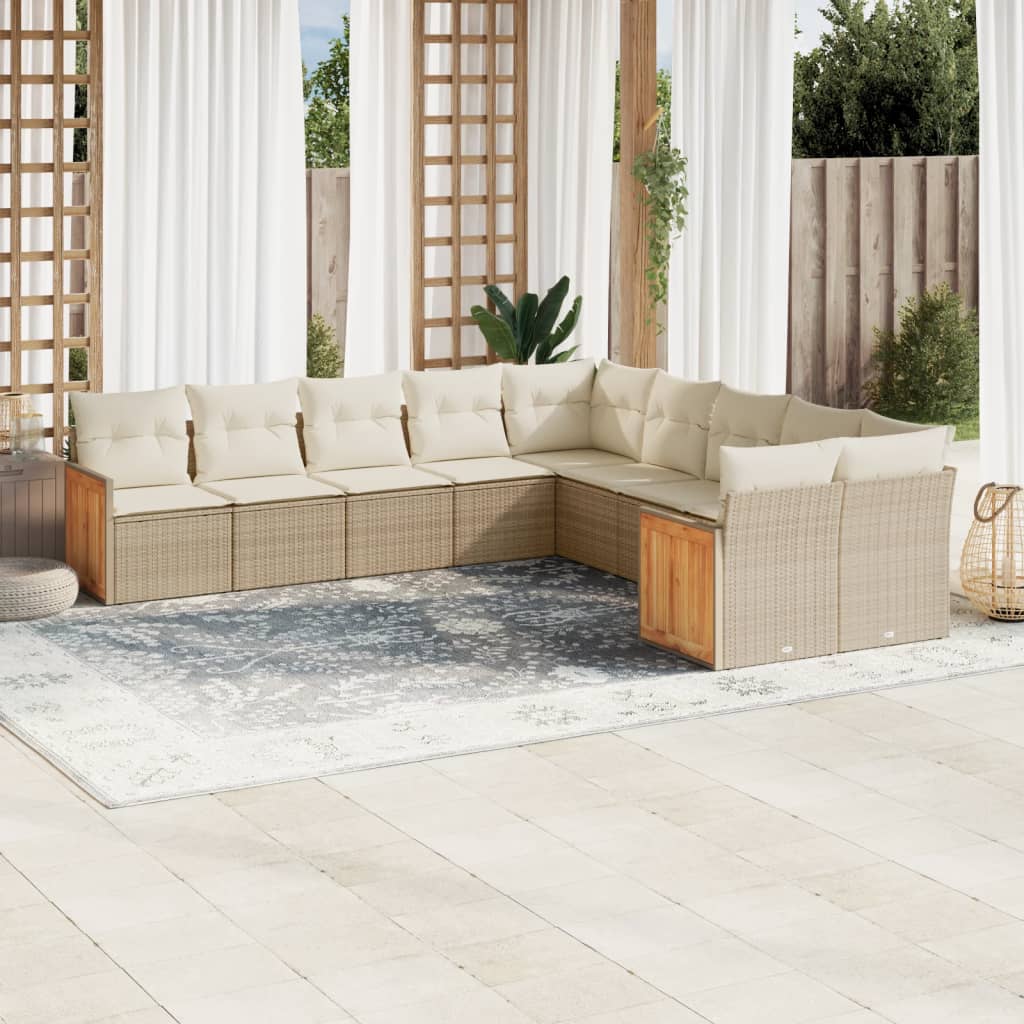 10-tlg. Garten-Sofagarnitur mit Kissen Beige Poly Rattan