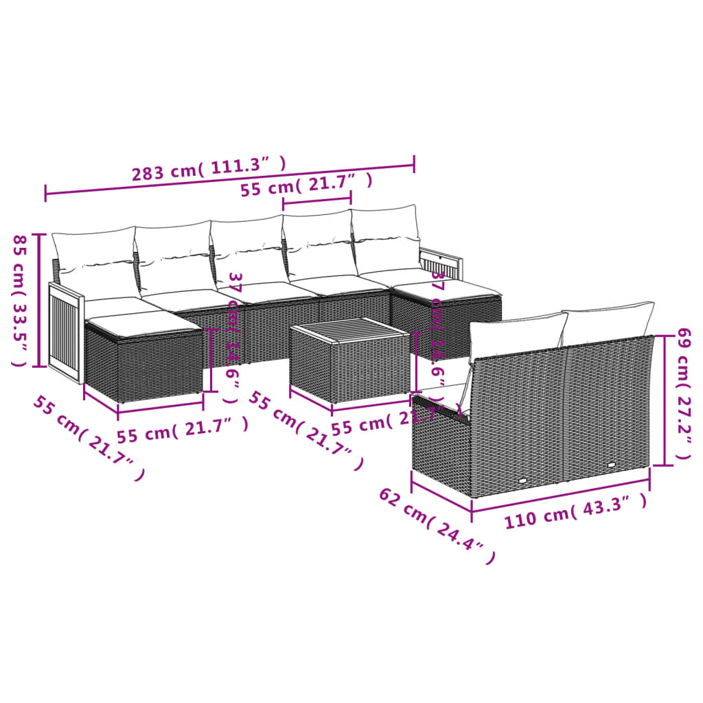 10-tlg. Garten-Sofagarnitur mit Kissen Schwarz Poly Rattan