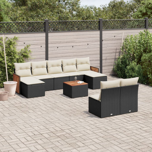 10-tlg. Garten-Sofagarnitur mit Kissen Schwarz Poly Rattan