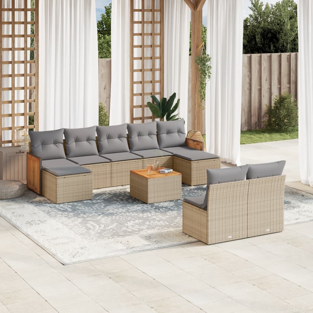 10-tlg. Garten-Sofagarnitur mit Kissen Beige Poly Rattan