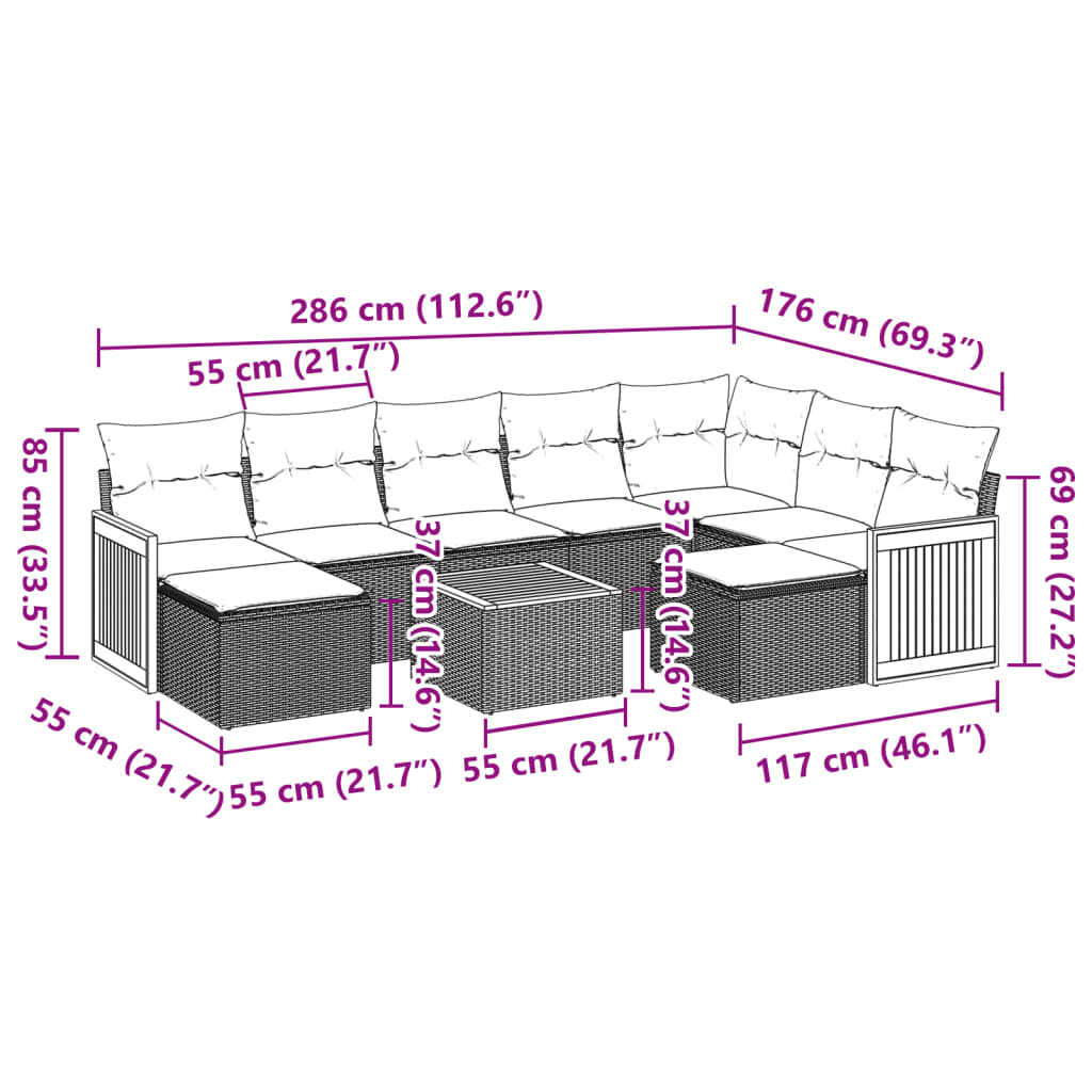 10-tlg. Garten-Sofagarnitur mit Kissen Grau Poly Rattan