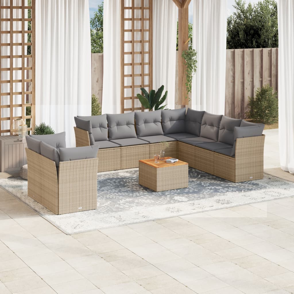 10-tlg. Garten-Sofagarnitur mit Kissen Beige Poly Rattan