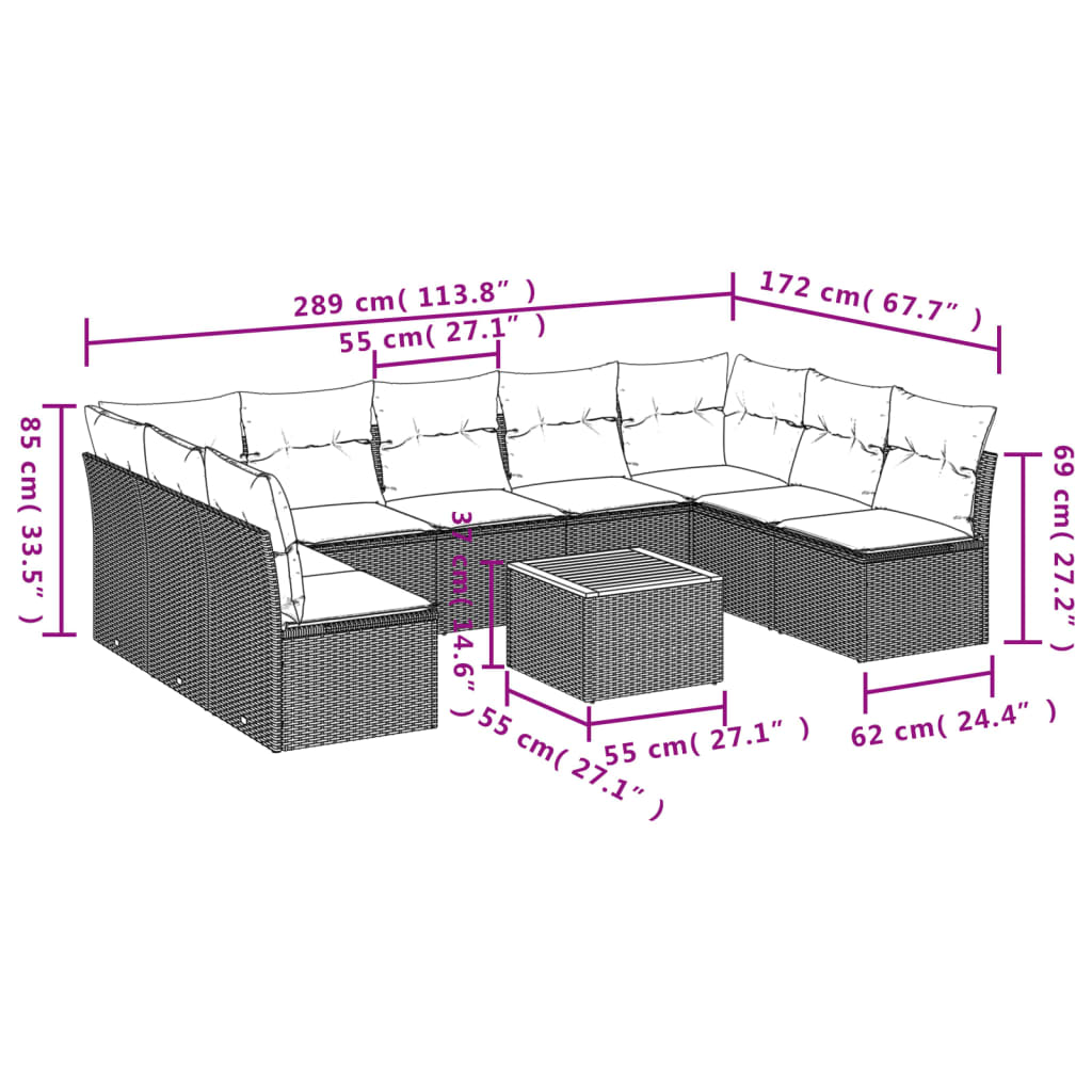 10-tlg. Garten-Sofagarnitur mit Kissen Schwarz Poly Rattan