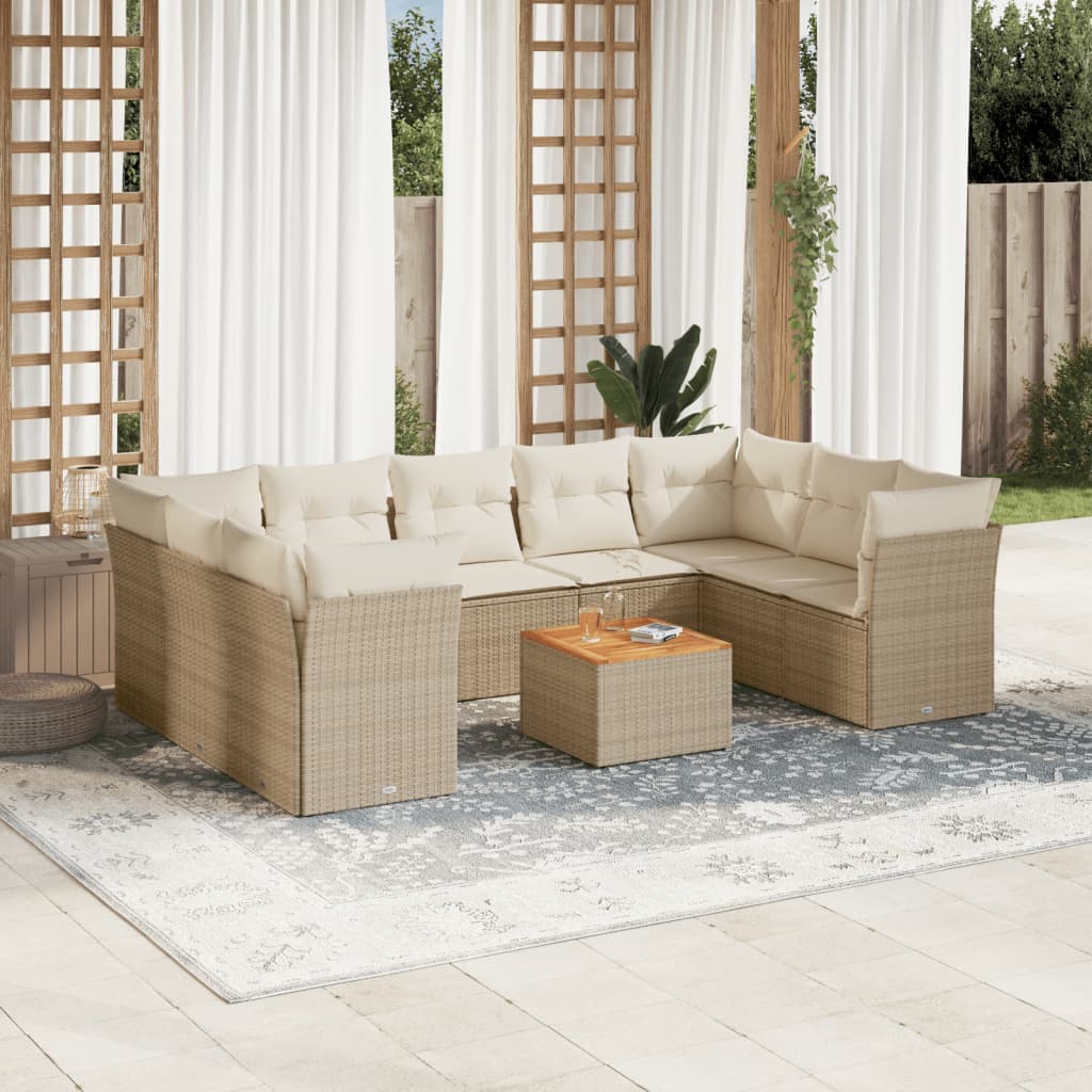 10-tlg. Garten-Sofagarnitur mit Kissen Beige Poly Rattan