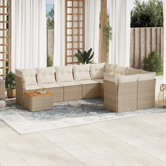 10-tlg. Garten-Sofagarnitur mit Kissen Beige Poly Rattan