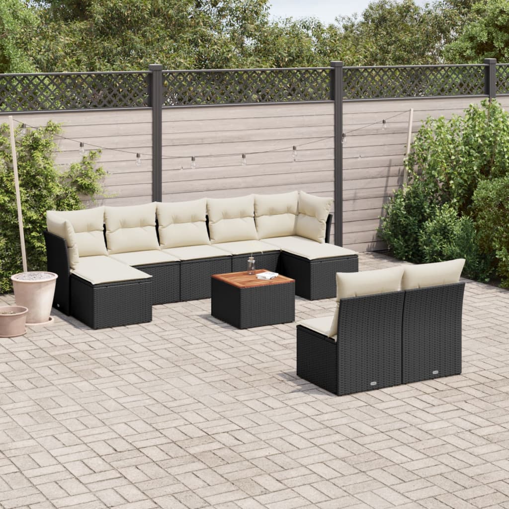 10-tlg. Garten-Sofagarnitur mit Kissen Schwarz Poly Rattan