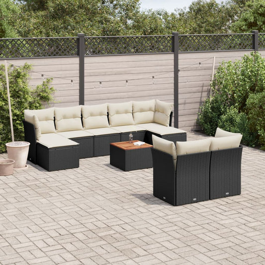 10-tlg. Garten-Sofagarnitur mit Kissen Schwarz Poly Rattan