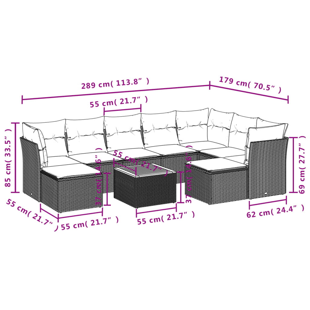 10-tlg. Garten-Sofagarnitur mit Kissen Grau Poly Rattan