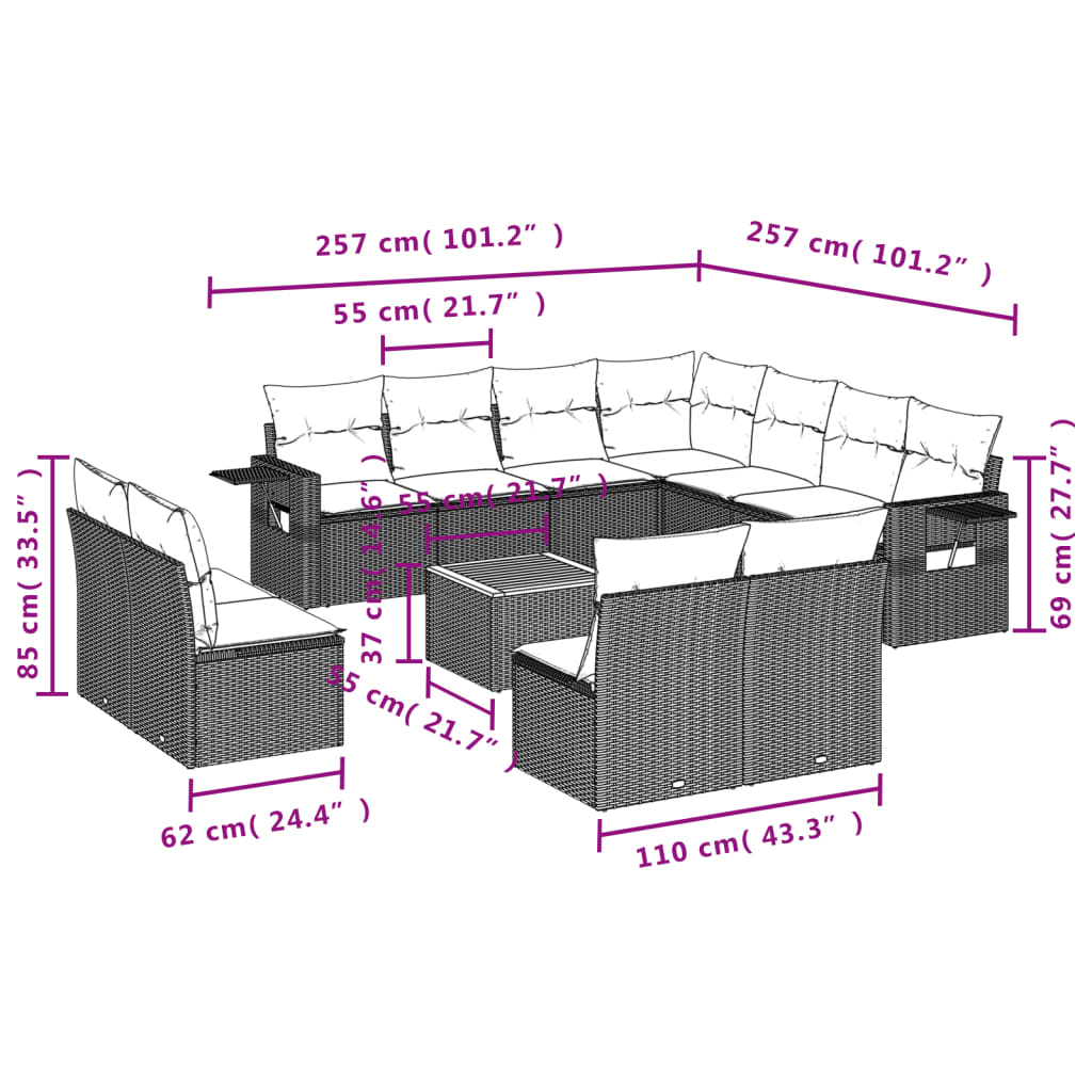 12-tlg. Garten-Sofagarnitur mit Kissen Grau Poly Rattan