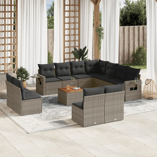 12-tlg. Garten-Sofagarnitur mit Kissen Grau Poly Rattan