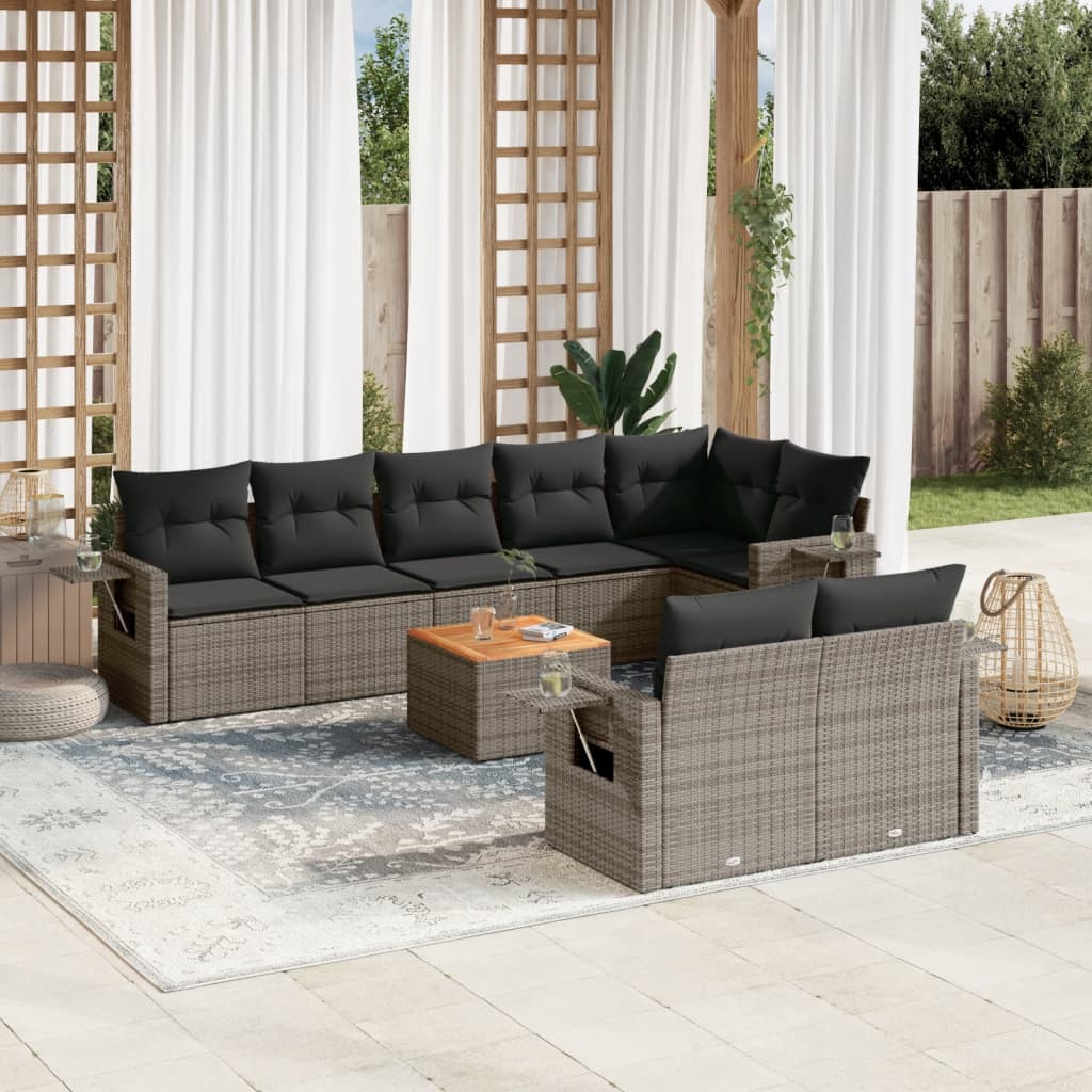 9-tlg. Garten-Sofagarnitur mit Kissen Grau Poly Rattan