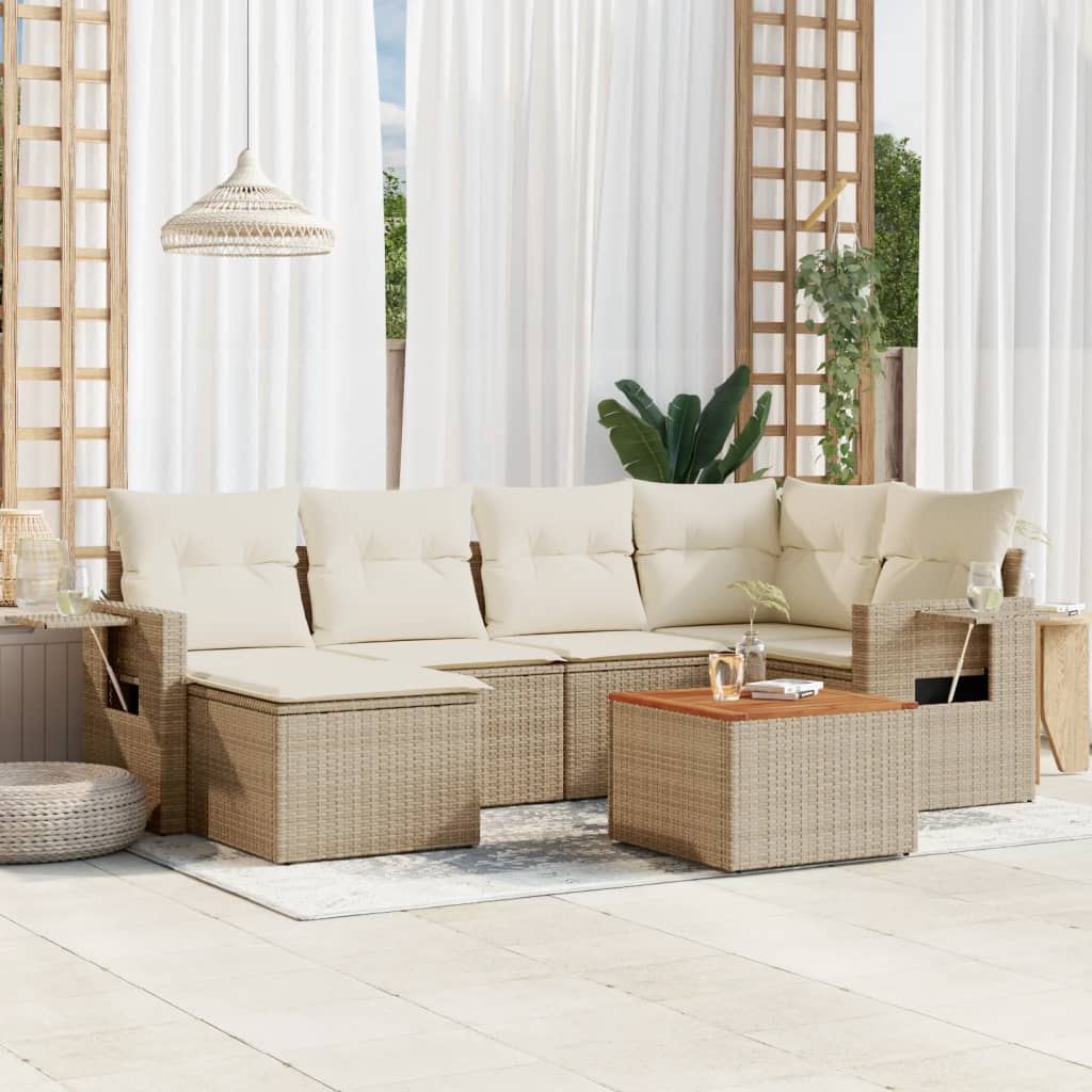 7-tlg. Garten-Sofagarnitur mit Kissen Beige Poly Rattan