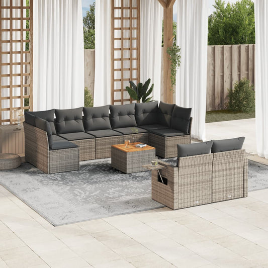 10-tlg. Garten-Sofagarnitur mit Kissen Grau Poly Rattan