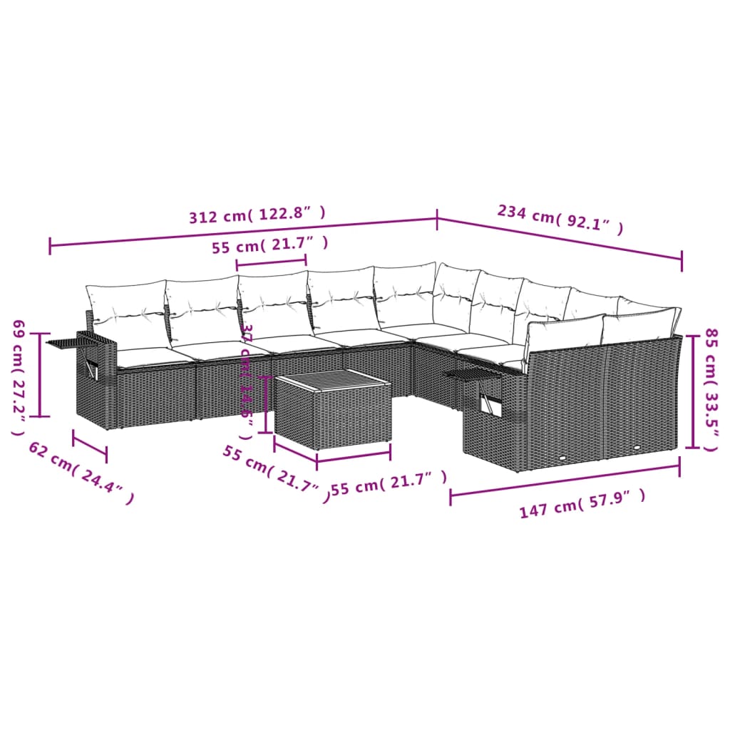 11-tlg. Garten-Sofagarnitur mit Kissen Grau Poly Rattan