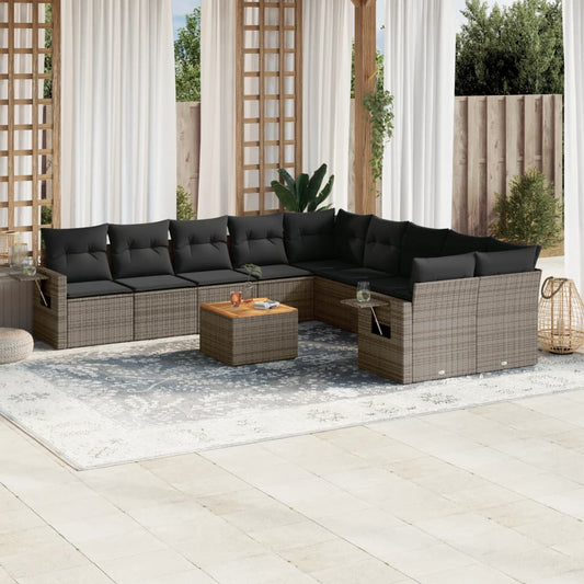 11-tlg. Garten-Sofagarnitur mit Kissen Grau Poly Rattan