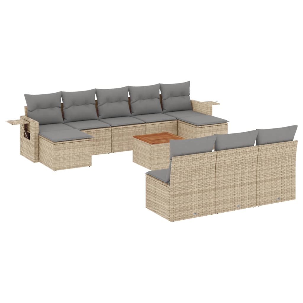 11-tlg. Garten-Sofagarnitur mit Kissen Beige Poly Rattan