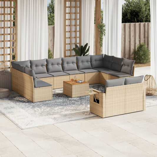 13-tlg. Garten-Sofagarnitur mit Kissen Beige Poly Rattan