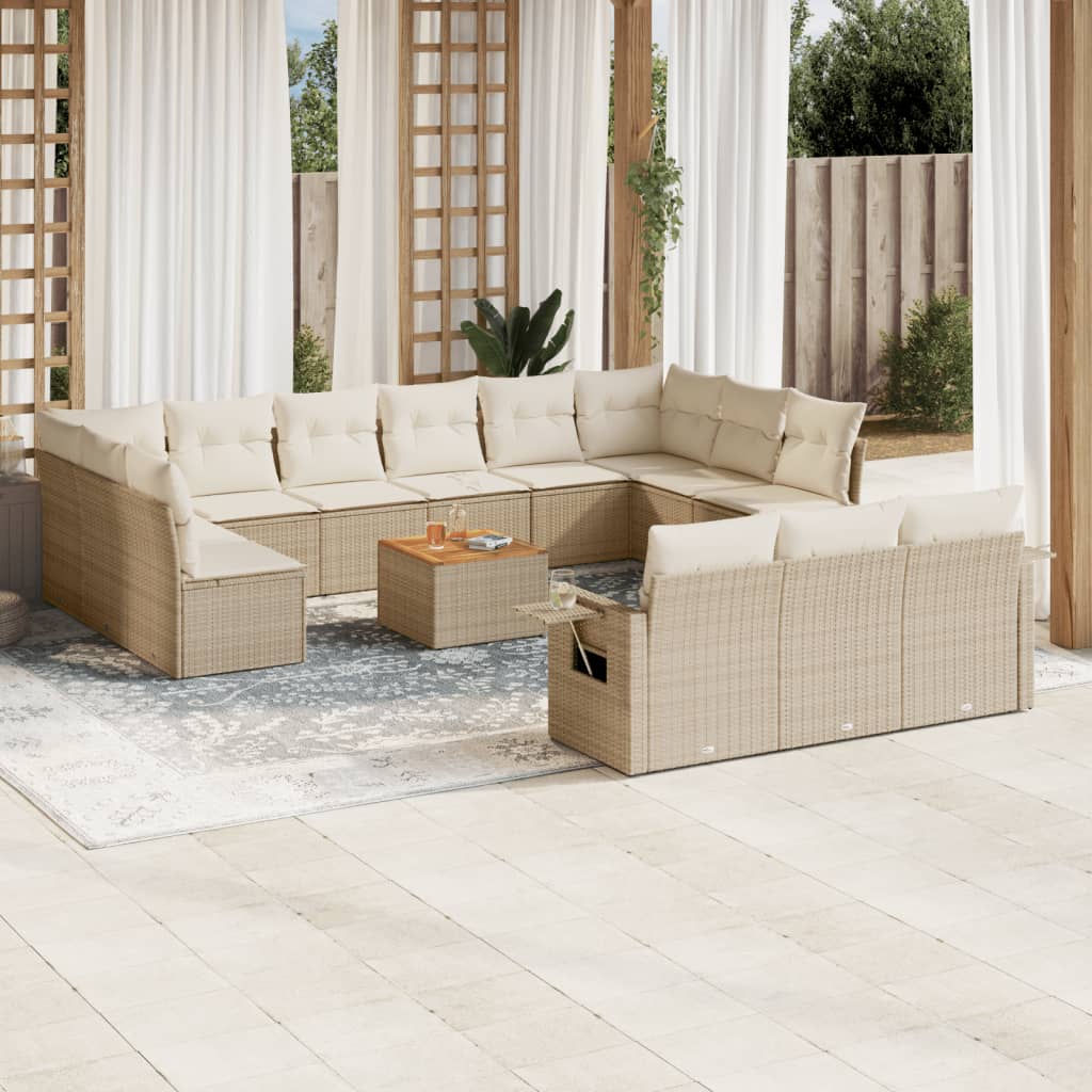 14-tlg. Garten-Sofagarnitur mit Kissen Beige Poly Rattan