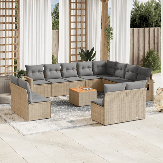 13-tlg. Garten-Sofagarnitur mit Kissen Beige Poly Rattan