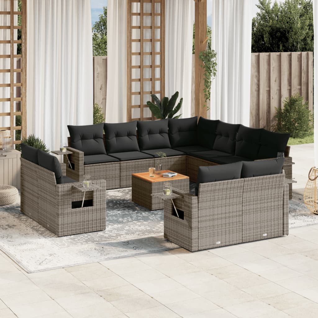 12-tlg. Garten-Sofagarnitur mit Kissen Grau Poly Rattan