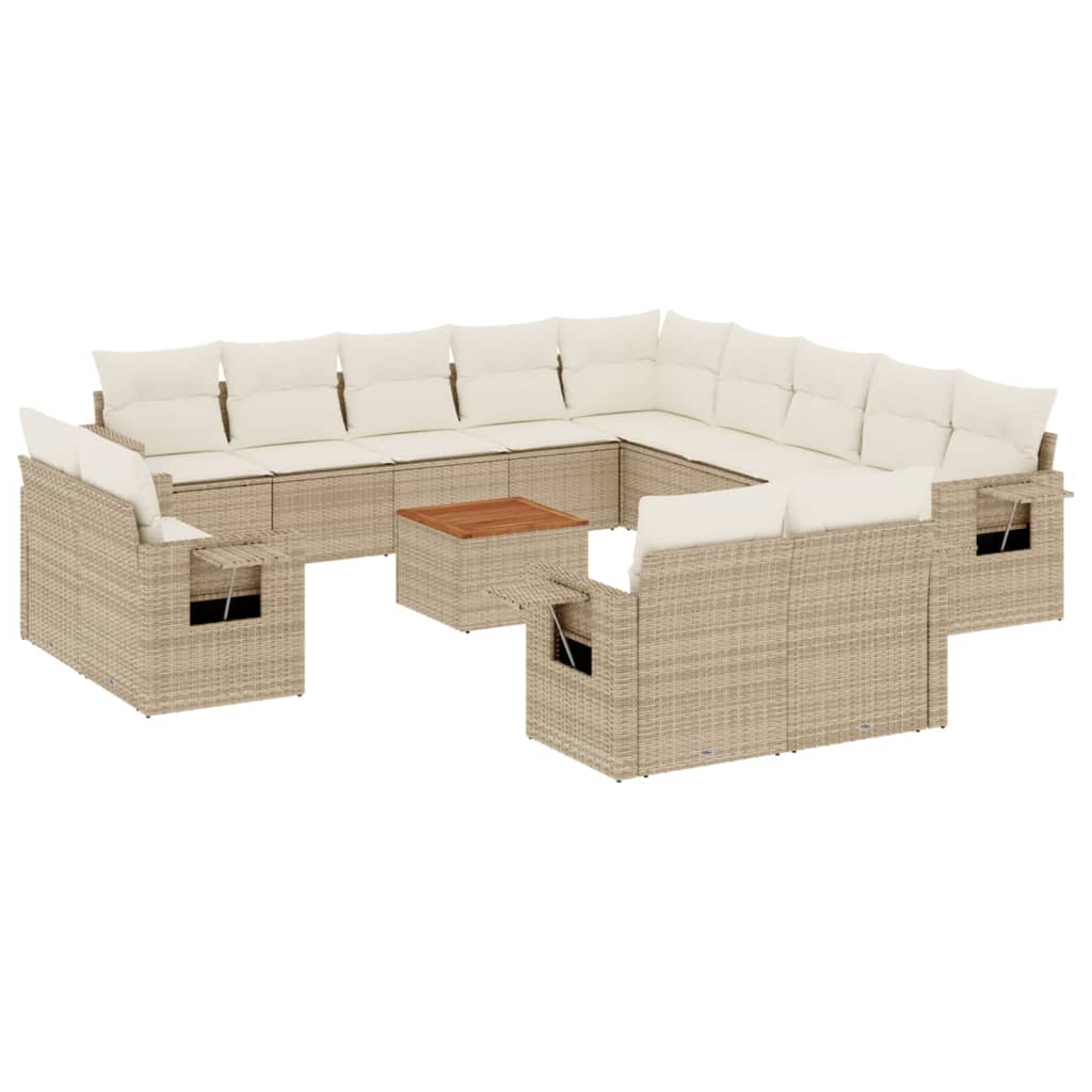 14-tlg. Garten-Sofagarnitur mit Kissen Beige Poly Rattan