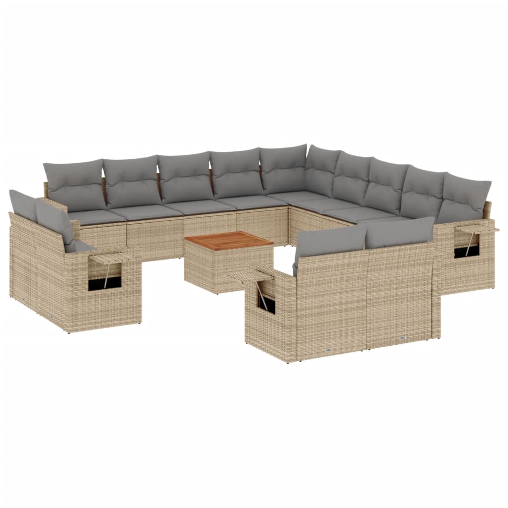 14-tlg. Garten-Sofagarnitur mit Kissen Beige Poly Rattan