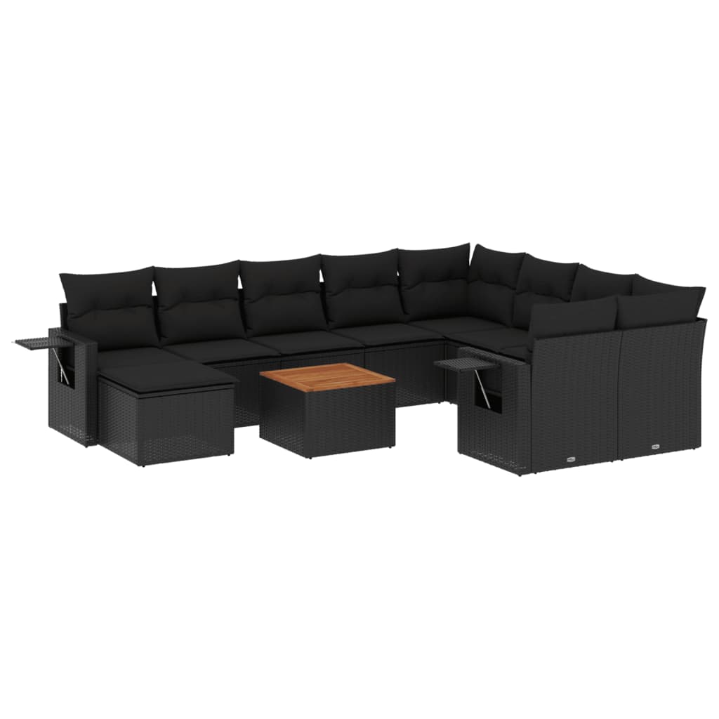 11-tlg. Garten-Sofagarnitur mit Kissen Schwarz Poly Rattan