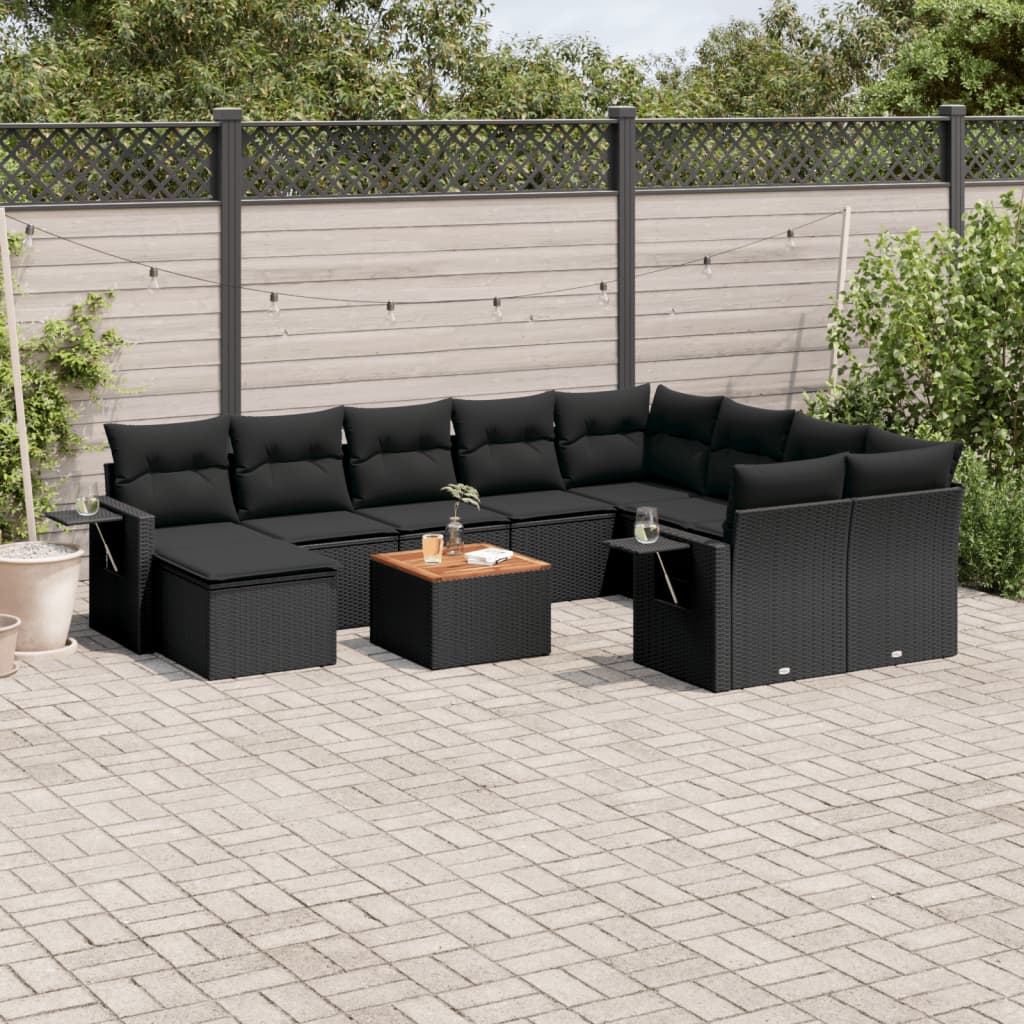 11-tlg. Garten-Sofagarnitur mit Kissen Schwarz Poly Rattan