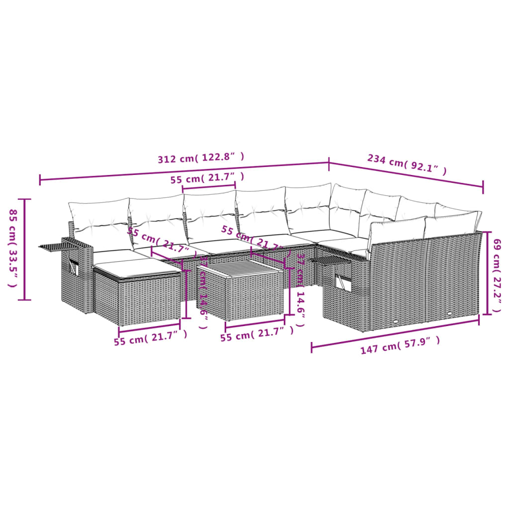 11-tlg. Garten-Sofagarnitur mit Kissen Schwarz Poly Rattan