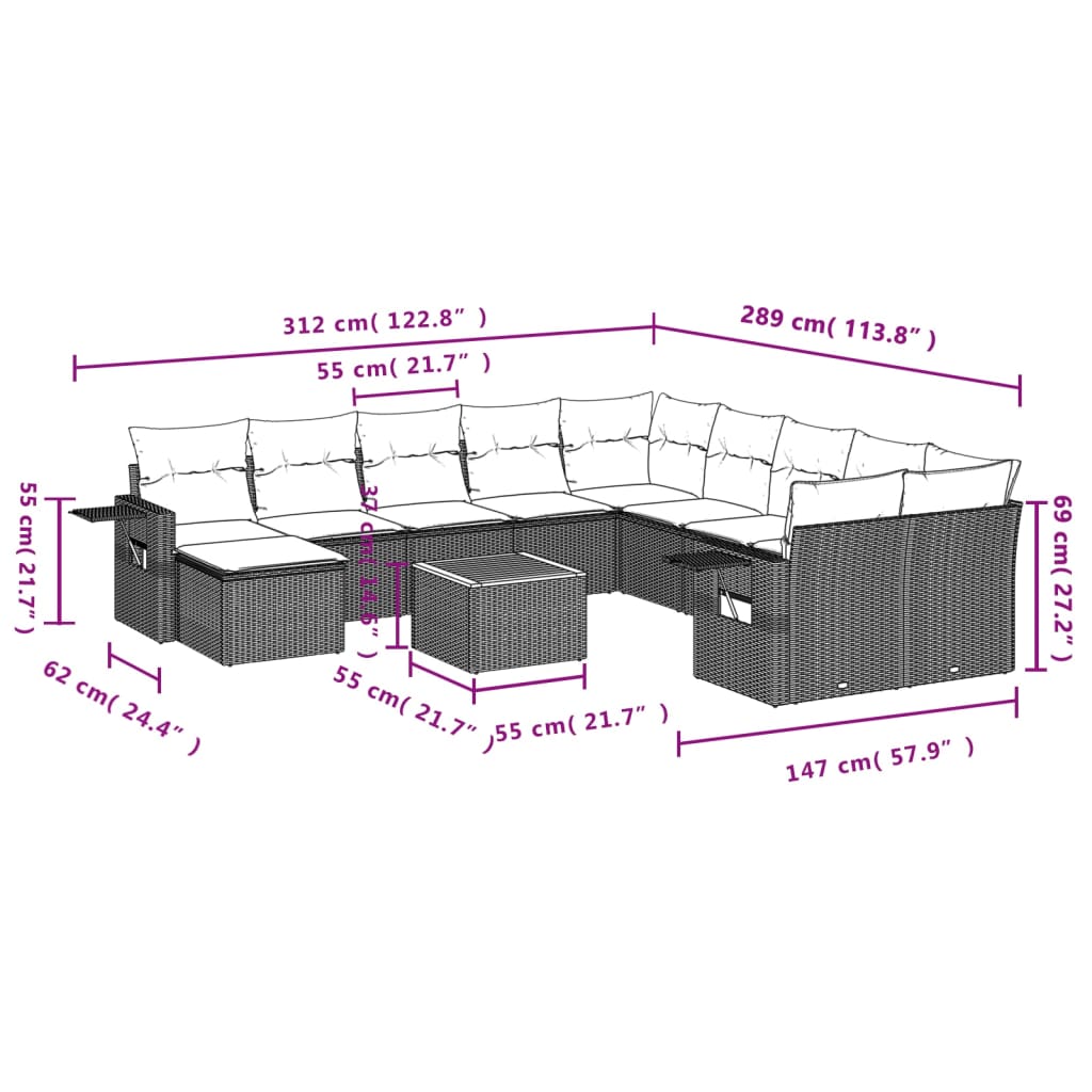 12-tlg. Garten-Sofagarnitur mit Kissen Schwarz Poly Rattan