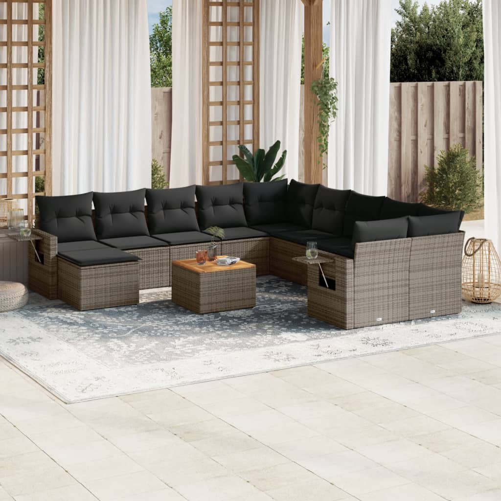 12-tlg. Garten-Sofagarnitur mit Kissen Grau Poly Rattan