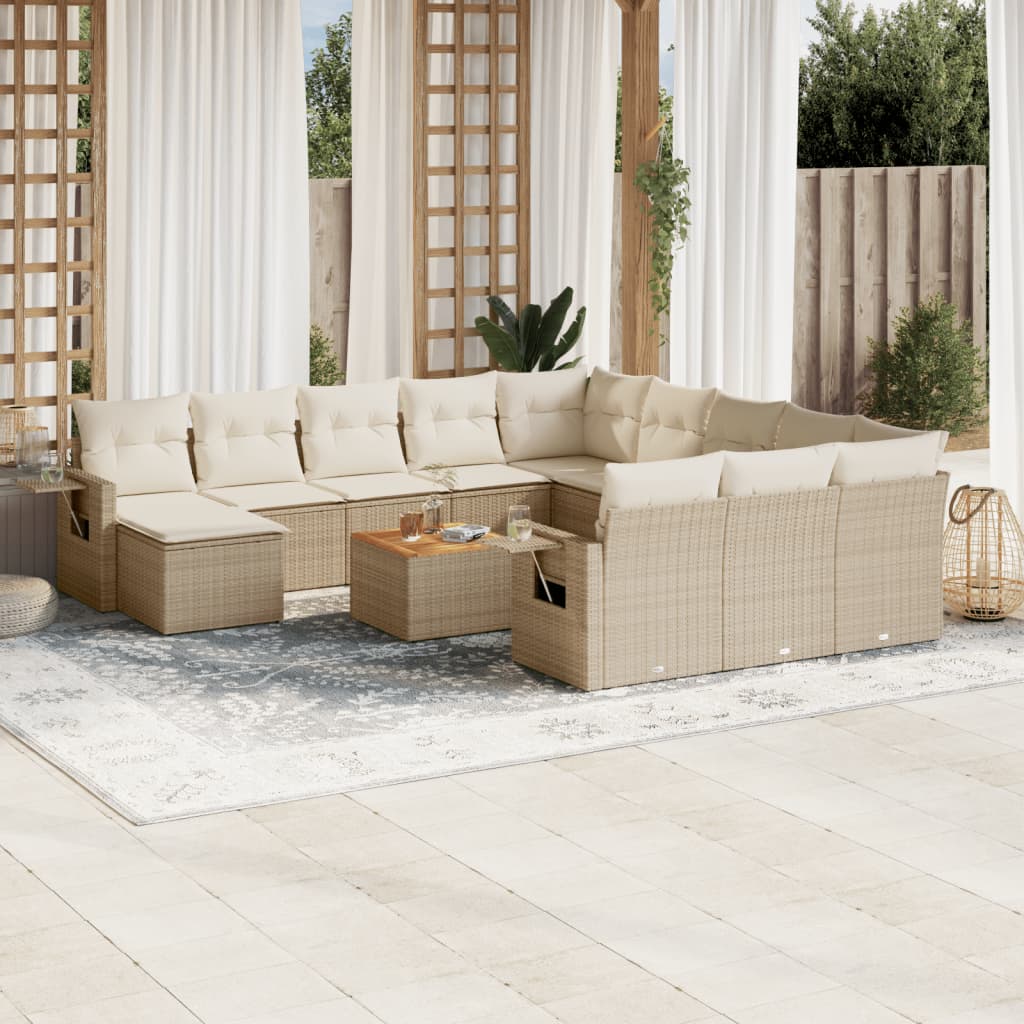 13-tlg. Garten-Sofagarnitur mit Kissen Beige Poly Rattan