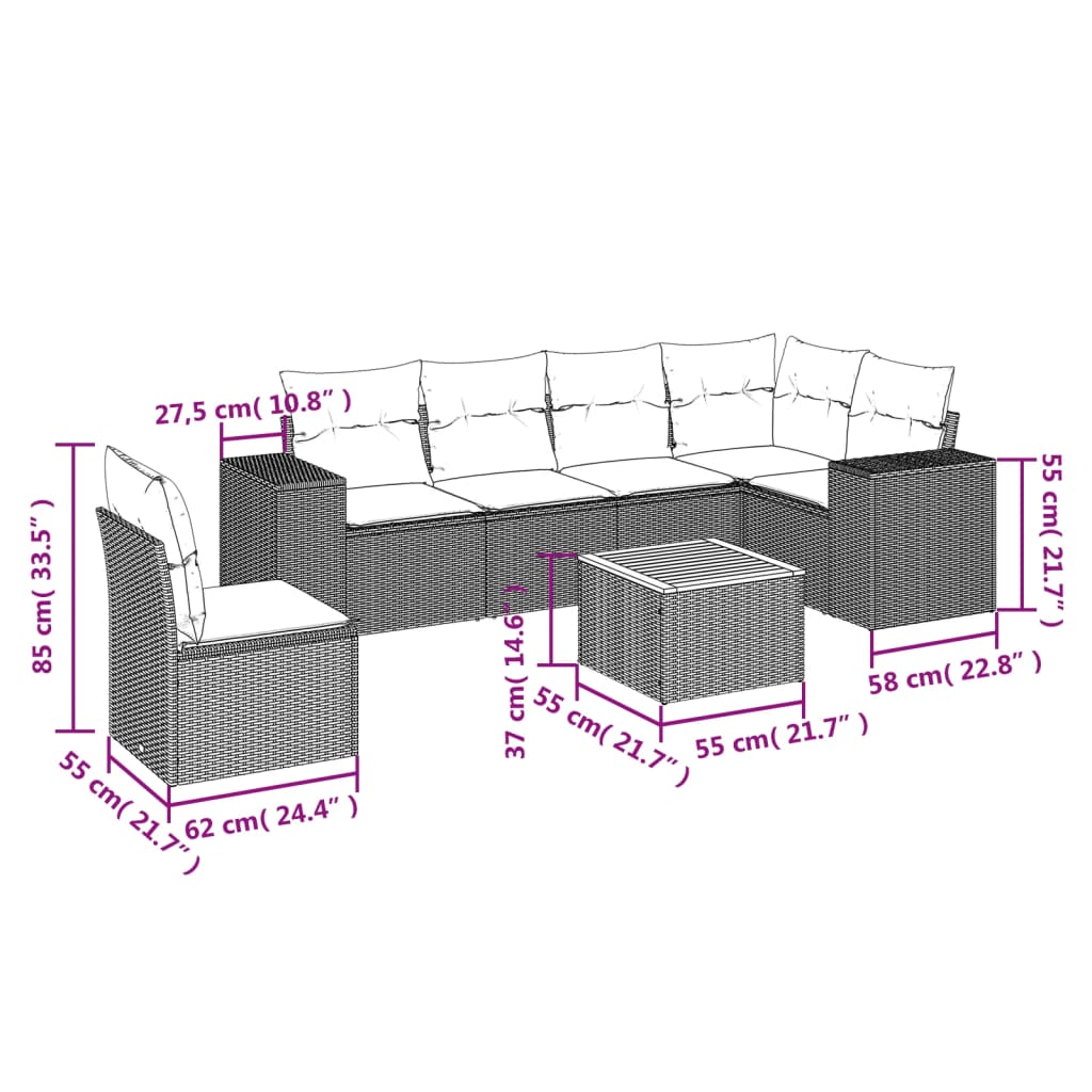 7-tlg. Garten-Sofagarnitur mit Kissen Beige Poly Rattan