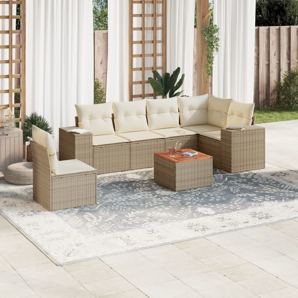 7-tlg. Garten-Sofagarnitur mit Kissen Beige Poly Rattan