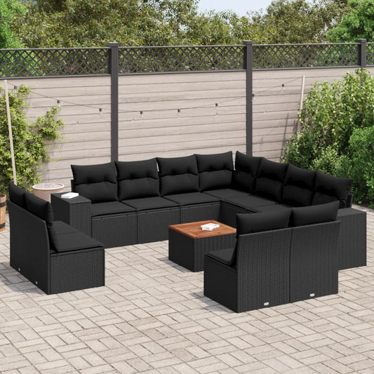 12-tlg. Garten-Sofagarnitur mit Kissen Schwarz Poly Rattan