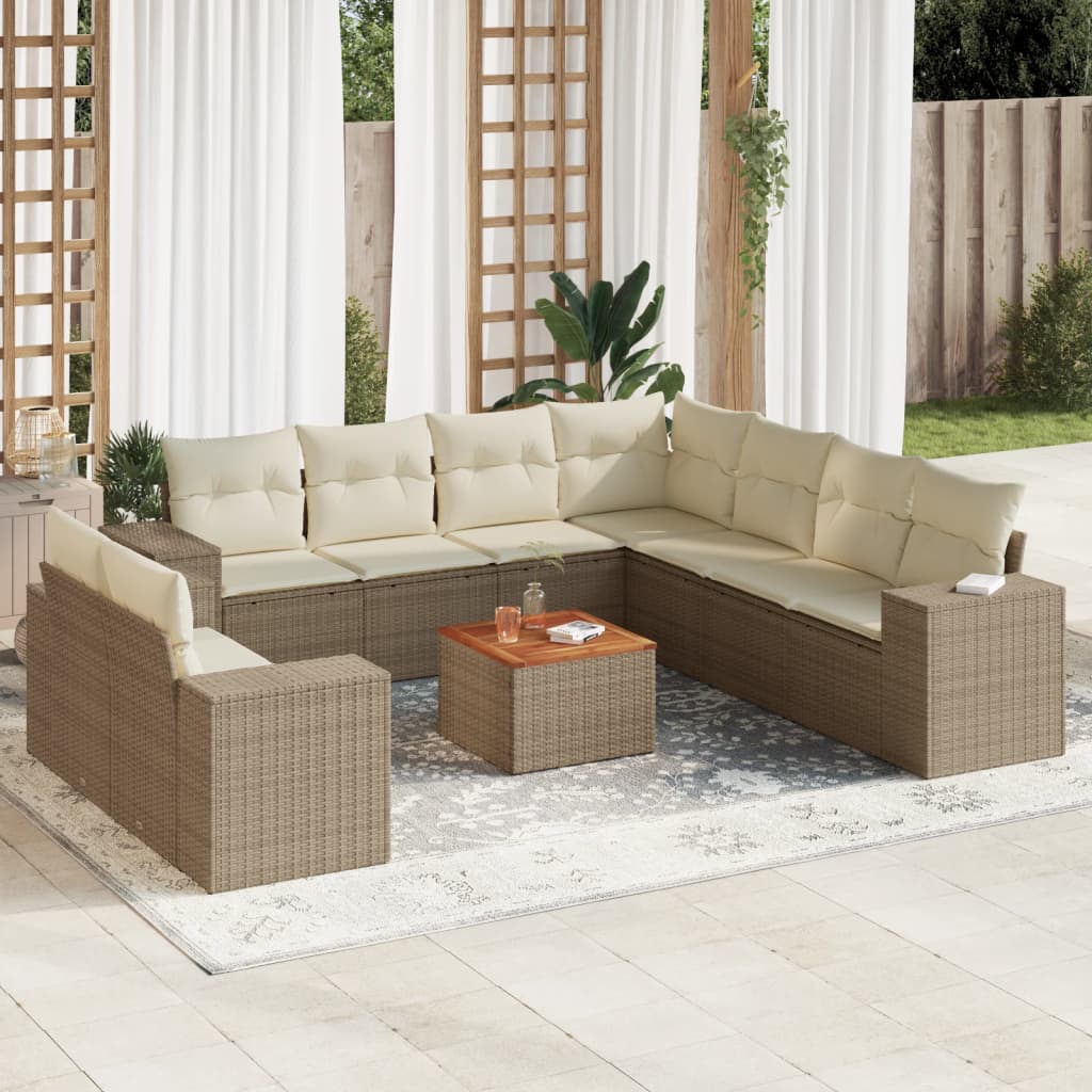 10-tlg. Garten-Sofagarnitur mit Kissen Beige Poly Rattan