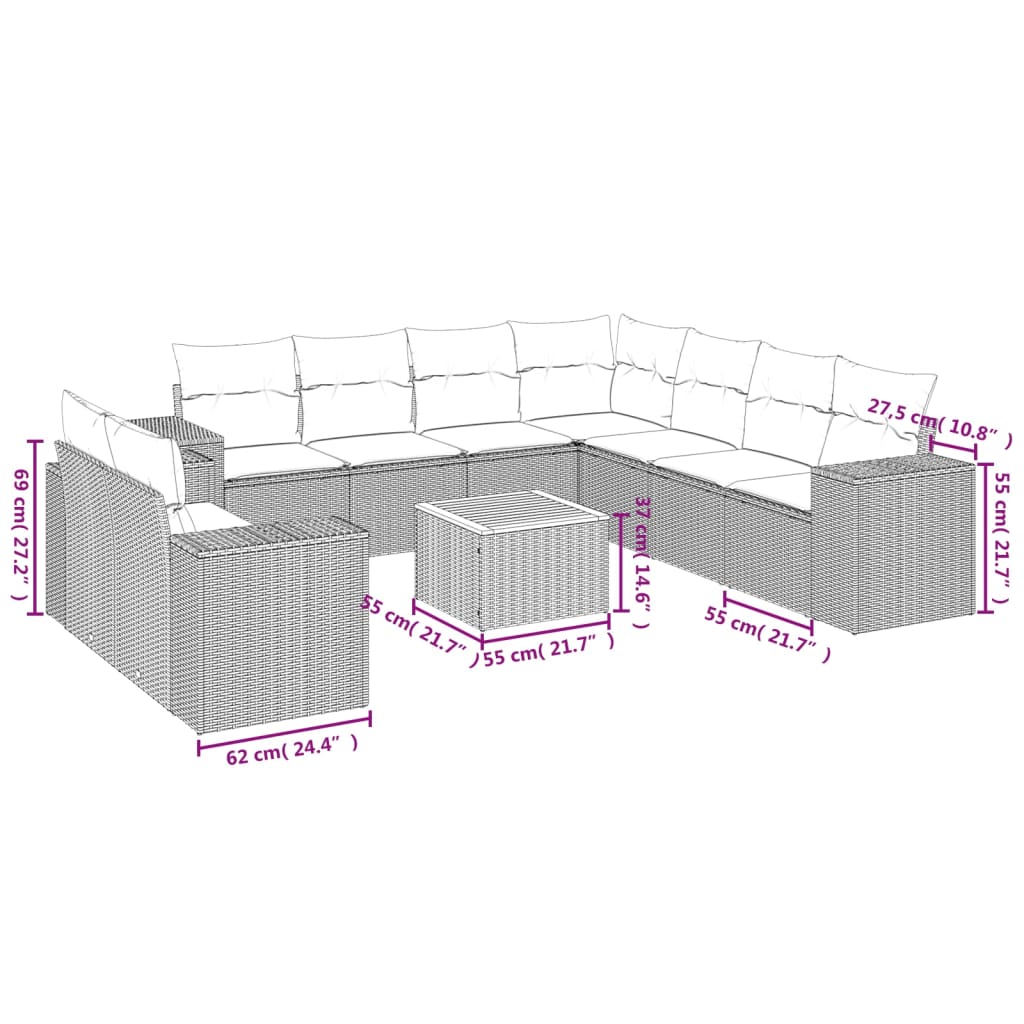 10-tlg. Garten-Sofagarnitur mit Kissen Beige Poly Rattan