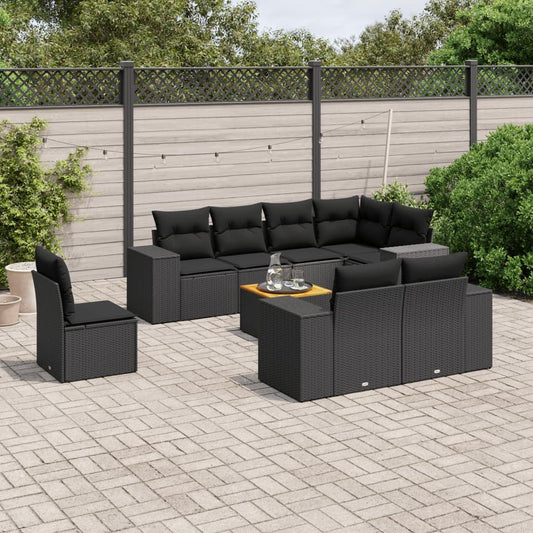 9-tlg. Garten-Sofagarnitur mit Kissen Schwarz Poly Rattan