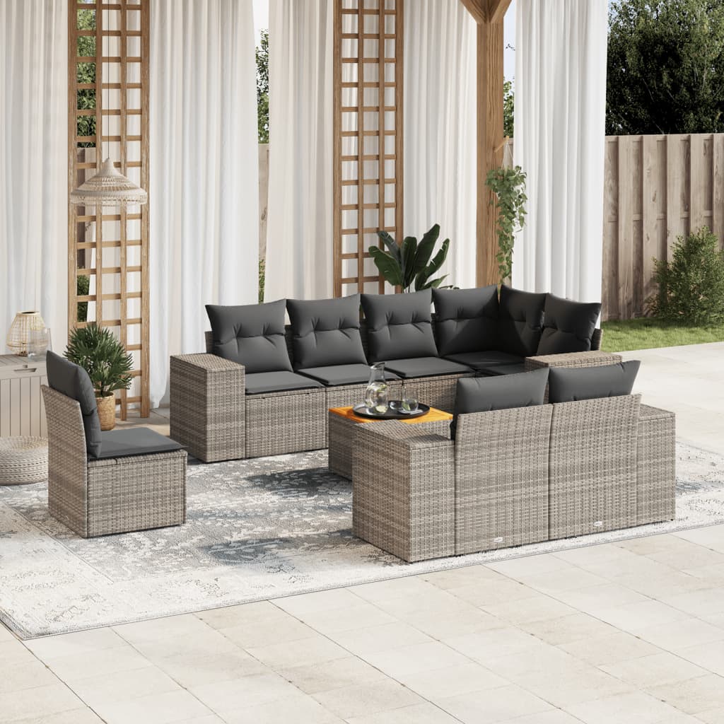 9-tlg. Garten-Sofagarnitur mit Kissen Grau Poly Rattan