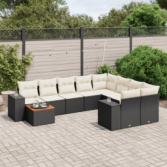 10-tlg. Garten-Sofagarnitur mit Kissen Schwarz Poly Rattan