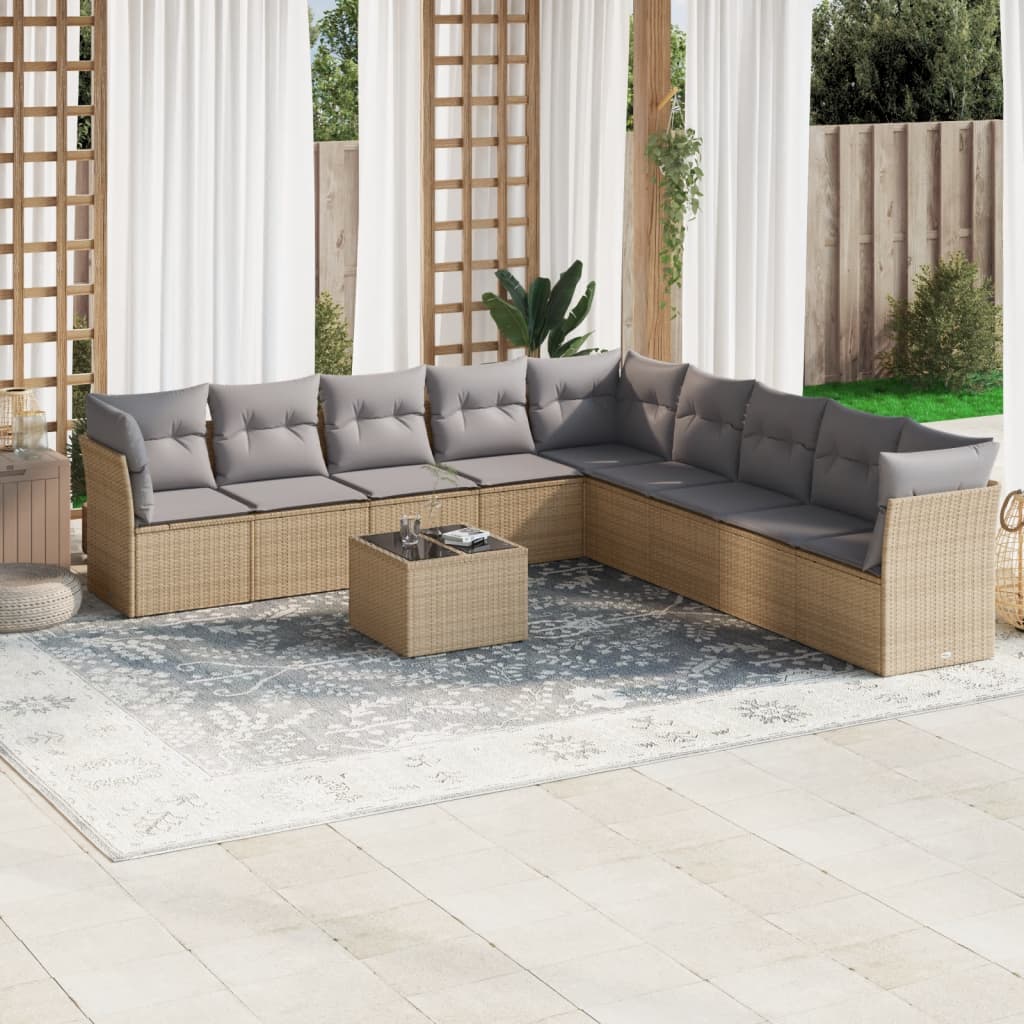 10-tlg. Garten-Sofagarnitur mit Kissen Beige Poly Rattan