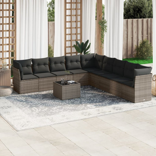 10-tlg. Garten-Sofagarnitur mit Kissen Grau Poly Rattan