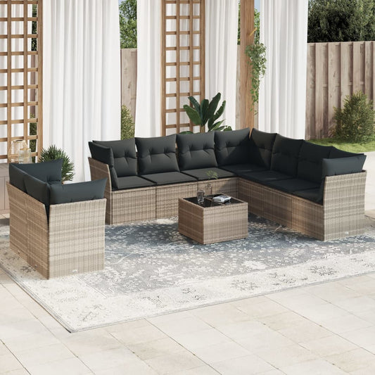 10-tlg. Garten-Sofagarnitur mit Kissen Hellgrau Poly Rattan