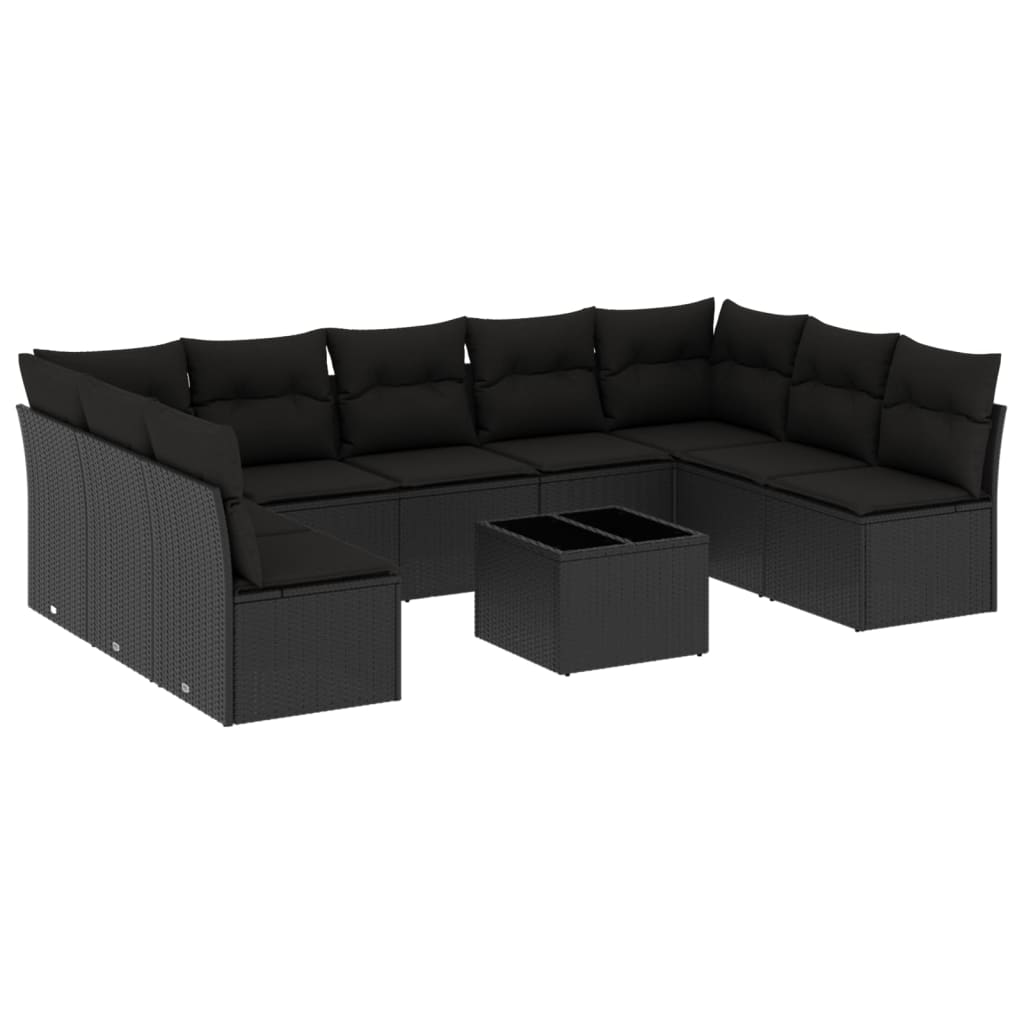 10-tlg. Garten-Sofagarnitur mit Kissen Schwarz Poly Rattan