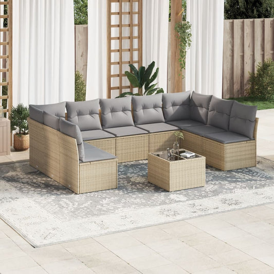 10-tlg. Garten-Sofagarnitur mit Kissen Beige Poly Rattan