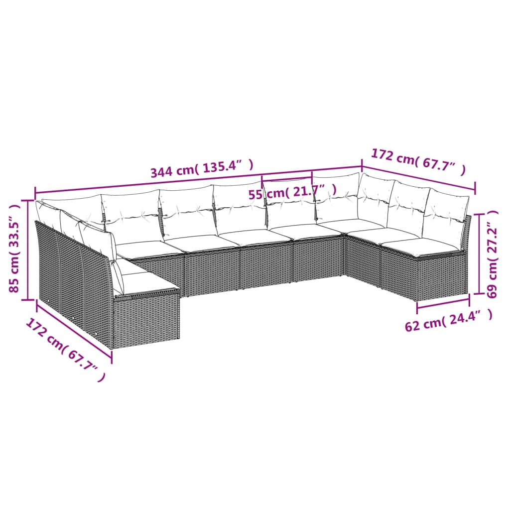 10-tlg. Garten-Sofagarnitur mit Kissen Grau Poly Rattan