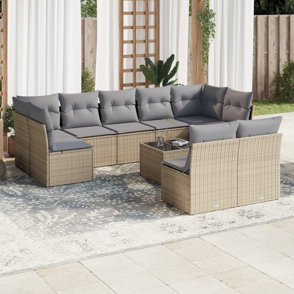 10-tlg. Garten-Sofagarnitur mit Kissen Beige Poly Rattan