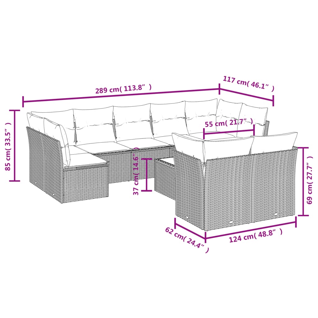 10-tlg. Garten-Sofagarnitur mit Kissen Hellgrau Poly Rattan